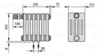 Схема (чертеж) Радиатор Zehnder Charleston 5030/6 №V007 Белый глянцевый RAL 9016